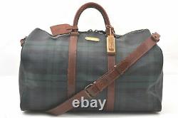 Authentic POLO Ralph Lauren Vintage Green Check Leather Travel Boston Bag A3799