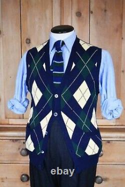 Gents Polo Ralph Lauren Argyle Waistcoat Cardigan Cotton Cashmere Sz XL Vintage