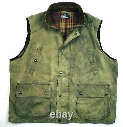 HOT VTG Men's POLO RALPH LAUREN @ WAXED Cotton PLAID LINED KHAKI VEST JACKET XL