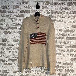 NICE! Heavy Vintage Polo Ralph Lauren USA Flag Linen Knit Sweater LARGE