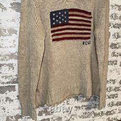 NICE! Heavy Vintage Polo Ralph Lauren USA Flag Linen Knit Sweater LARGE