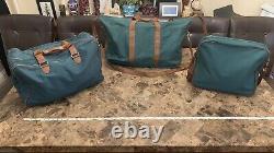 Polo Ralph Lauren 3 Piece Luggage Bag Set Green Canvas Brown Leather Vintage 90s