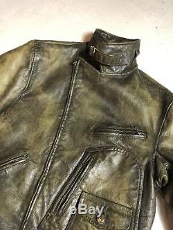 Polo Ralph Lauren Medium Leather Distressed Jacket RRL Coat VTG Biker Moto Grey