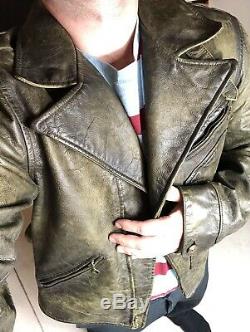 Polo Ralph Lauren Medium Leather Distressed Jacket RRL Coat VTG Biker Moto Grey