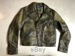 Polo Ralph Lauren Medium Leather Distressed Jacket RRL Coat VTG Biker Moto Grey