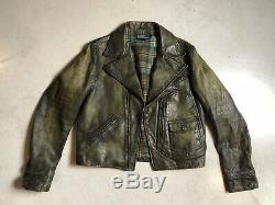 Polo Ralph Lauren Medium Leather Distressed Jacket RRL Coat VTG Biker Moto Grey