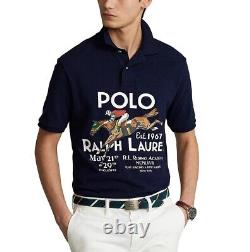 Polo Ralph Lauren Men VTG Equestrian Horse Riding Graphic Mesh Polo Shirt Navy