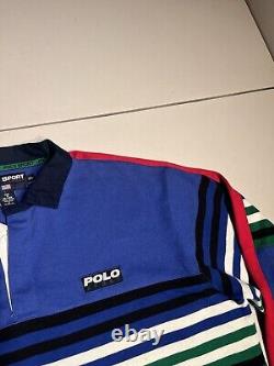 Polo Ralph Lauren Shirt Men's Large Blue Red Striped Polo Sport Rugby VTG Y2K