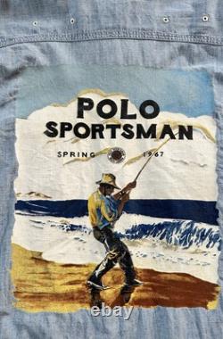 Polo Ralph Lauren Sportsman Workwear Shirt Chin Strap Denim Chambray Printed VTG