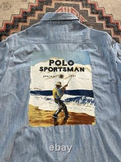 Polo Ralph Lauren Sportsman Workwear Shirt Chin Strap Denim Chambray Printed VTG
