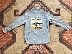 Polo Ralph Lauren Sportsman Workwear Shirt Chin Strap Denim Chambray Printed VTG