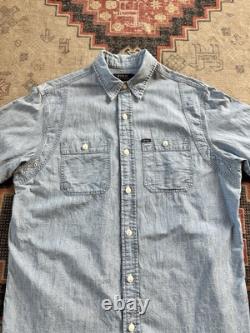 Polo Ralph Lauren Sportsman Workwear Shirt Chin Strap Denim Chambray Printed VTG