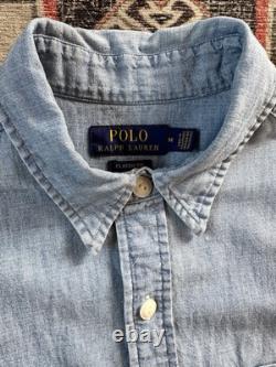 Polo Ralph Lauren Sportsman Workwear Shirt Chin Strap Denim Chambray Printed VTG