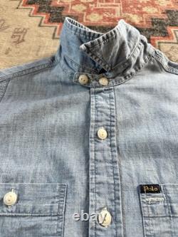 Polo Ralph Lauren Sportsman Workwear Shirt Chin Strap Denim Chambray Printed VTG