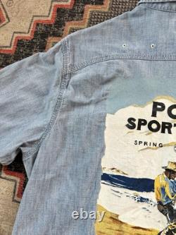 Polo Ralph Lauren Sportsman Workwear Shirt Chin Strap Denim Chambray Printed VTG
