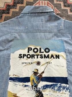 Polo Ralph Lauren Sportsman Workwear Shirt Chin Strap Denim Chambray Printed VTG