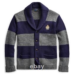Polo Ralph Lauren VTG Retro 100% Wool Crest Preppy Rugby Knit Sweater Cardigan