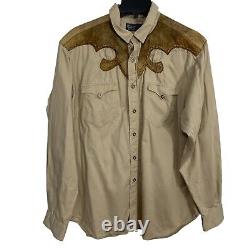 Polo Ralph Lauren Vintage Beige Western Pearl Snap Leather Detail Shirt Size 2XL