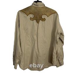 Polo Ralph Lauren Vintage Beige Western Pearl Snap Leather Detail Shirt Size 2XL
