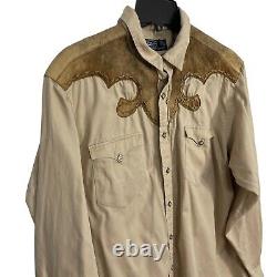 Polo Ralph Lauren Vintage Beige Western Pearl Snap Leather Detail Shirt Size 2XL