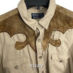 Polo Ralph Lauren Vintage Beige Western Pearl Snap Leather Detail Shirt Size 2XL
