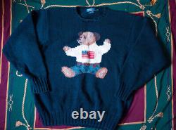 Polo Ralph Lauren Vintage Sit Down USA Flag Bear Knit Sweater Stadium rare L