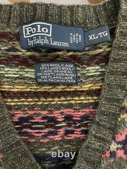 Polo Ralph Lauren X-Large Fair Isle V Neck Sweater RRL Shetland Alpaca Aztec VTG