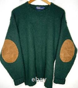 Polo Ralph Lauren X-Large Tweed Green Duck Hunting Wool Leather VTG Sweater Pile