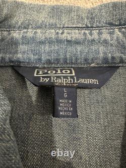 VTG POLO RALPH LAUREN Blue Denim Jean Jacket MENS Large Coat Harrington Red