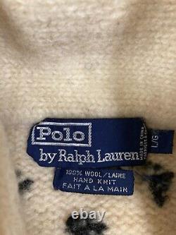 VTG Polo Ralph Lauren Hand Knit Wool Cardigan Pullover Sweater Large Reindeer