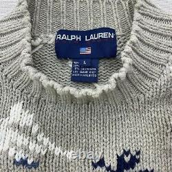 VTG Ralph Lauren Polo Bear Womens Sz L SKIING BEAR Alpine Sweater US Flag Cabin
