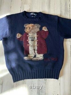 Vintage 1992 Polo Ralph Lauren Stadium Bear Men's Size Large Navy Wool Sweater