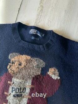 Vintage 1992 Polo Ralph Lauren Stadium Bear Men's Size Large Navy Wool Sweater
