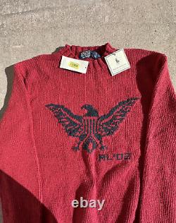 Vintage 2002 Polo Ralph Lauren Sweater Red Huge Eagle Crest Hand Knit Size L