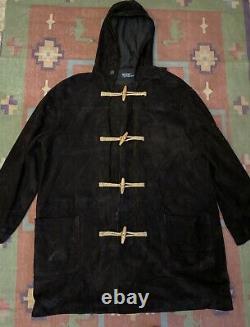Vintage 90's Polo Ralph Lauren Sheepskin Suede Duffel Coat Black XXL Duffle Hood
