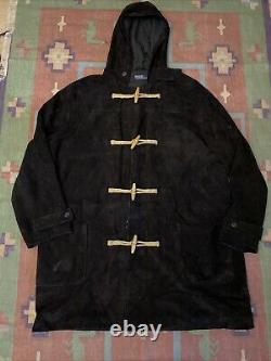 Vintage 90's Polo Ralph Lauren Sheepskin Suede Duffel Coat Black XXL Duffle Hood
