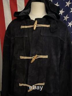 Vintage 90's Polo Ralph Lauren Sheepskin Suede Duffel Coat Black XXL Duffle Hood