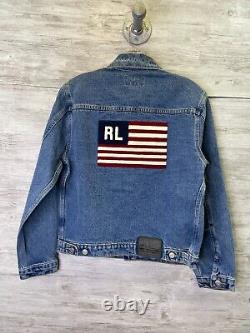 Vintage 90s Polo Ralph Lauren Denim Jacket Mens S Blue Large Flag Patch Trucker