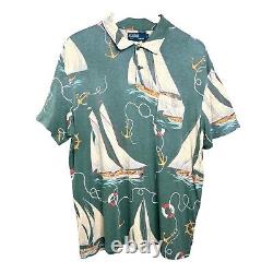Vintage 90s Polo Ralph Lauren Shirt Mens L Green All Over Sailboat Anchor Print