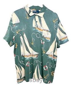 Vintage 90s Polo Ralph Lauren Shirt Mens L Green All Over Sailboat Anchor Print