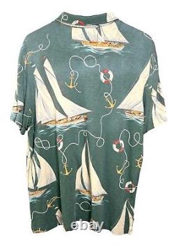 Vintage 90s Polo Ralph Lauren Shirt Mens L Green All Over Sailboat Anchor Print