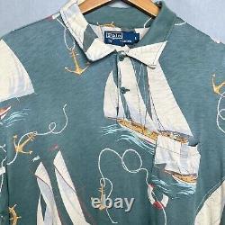 Vintage 90s Polo Ralph Lauren Shirt Mens L Green All Over Sailboat Anchor Print