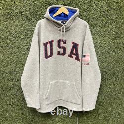 Vintage 90s Polo Sport Ralph Lauren USA Fleece Hoodie Mens XL Grey Pullover