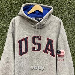 Vintage 90s Polo Sport Ralph Lauren USA Fleece Hoodie Mens XL Grey Pullover
