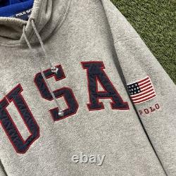 Vintage 90s Polo Sport Ralph Lauren USA Fleece Hoodie Mens XL Grey Pullover