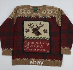Vintage 90s Ralph Lauren Polo Country 1991 Wool Deer Plaid Pattern Sweater Rare