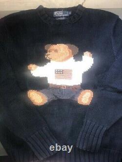 Vintage Mens Polo By Ralph Lauren Navy Hand Knit Sweater Sitting Bear/flag Sz L