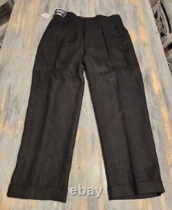 Vintage NEW Polo Ralph Lauren Mens Pants Black 38X30 Pleated Cuffed 100% Linen