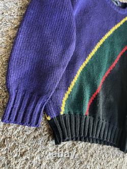 Vintage POLO RALPH LAUREN Men's Sweater Large Wool Purple Black Green Stripe