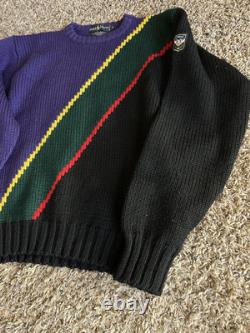 Vintage POLO RALPH LAUREN Men's Sweater Large Wool Purple Black Green Stripe